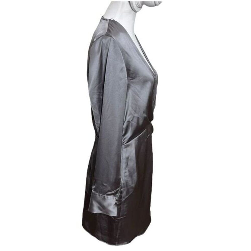 ZARA Faux Wrap Mini Dress Women’s Large Charcoal Grey Satin A-Line Night Out - Picture 3 of 13